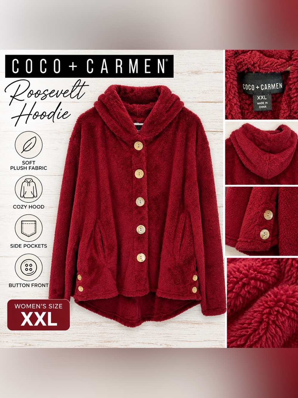 COCO + CARMEN Roosevelt Hoodie Red Plush Button Front Women’s XXL